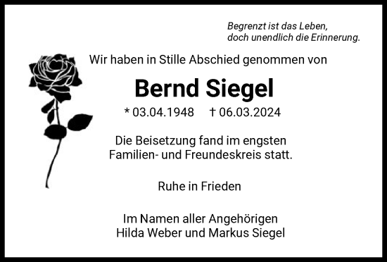 Traueranzeige von Bernd Siegel von WRS