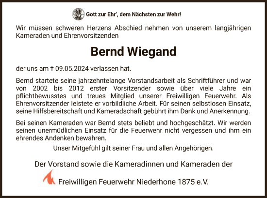 Traueranzeige von Bernd Wiegand von WRS