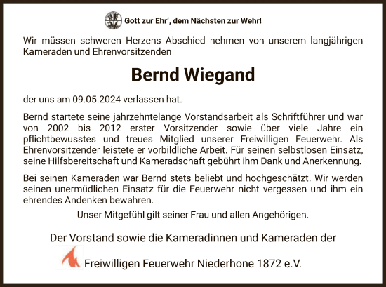 Traueranzeige von Bernd Wiegand von WRS