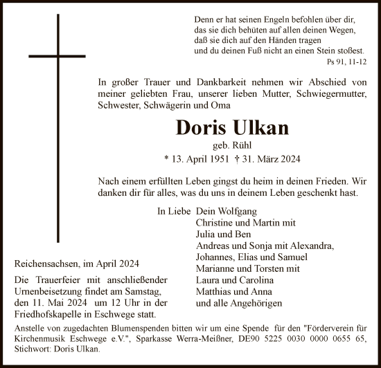 Traueranzeige von Doris Ulkan von WRS