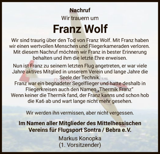 Traueranzeige von Franz Wolf von WRS