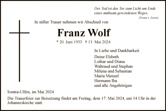 Traueranzeige von Franz Wolf von WRS