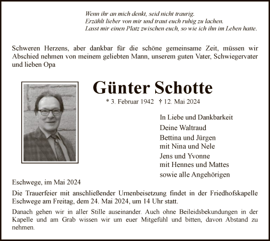 Traueranzeige von Günter Schotte von WRS