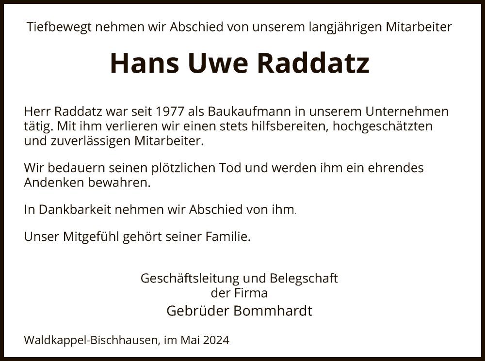  Traueranzeige für Hans Uwe Raddatz vom 11.05.2024 aus WRS