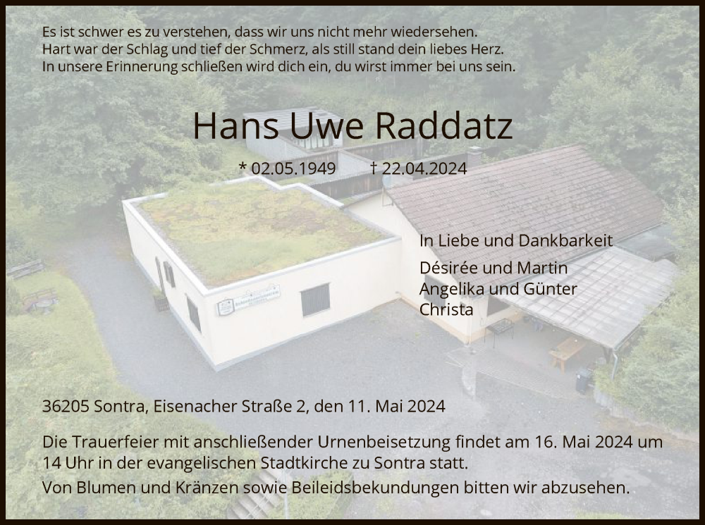  Traueranzeige für Hans Uwe Raddatz vom 11.05.2024 aus WRS