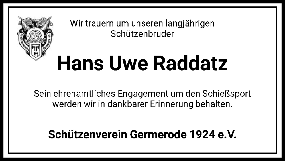  Traueranzeige für Hans Uwe Raddatz vom 11.05.2024 aus WRS