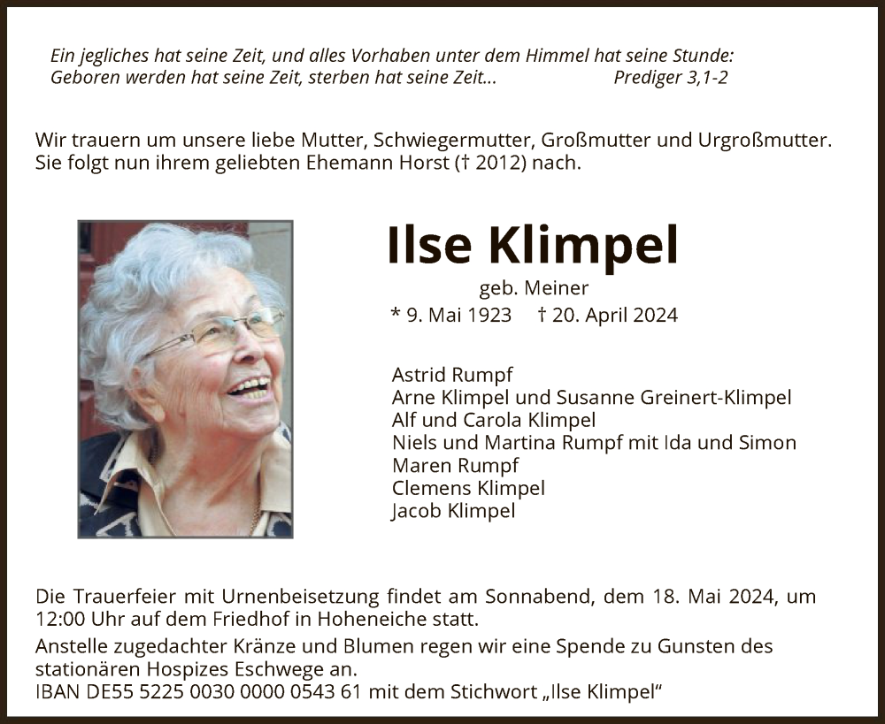  Traueranzeige für Ilse Klimpel vom 11.05.2024 aus WRS