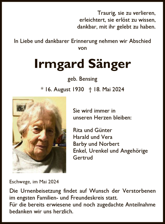 Traueranzeige von Irmgard Sänger von WRS