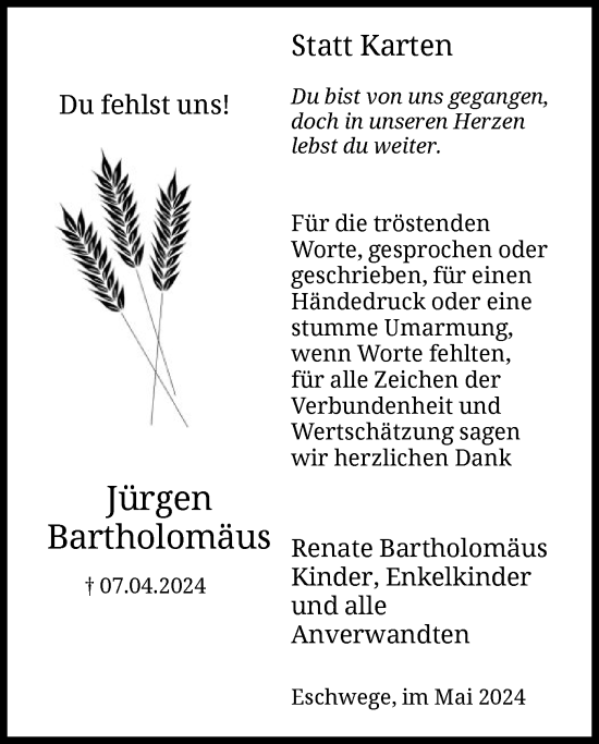 Traueranzeige von Jürgen Bartholomäus von WRS