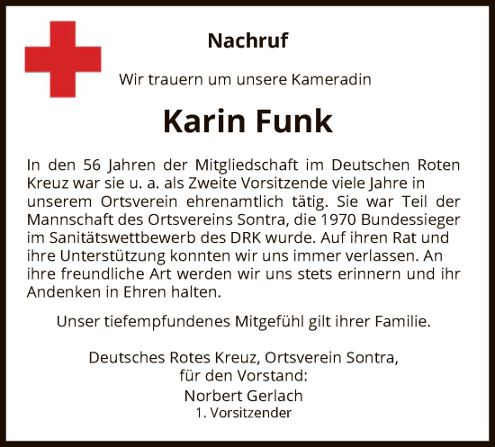 Traueranzeige von Karin Funk von WRS