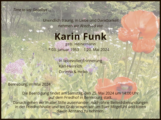 Traueranzeige von Karin Funk von WRS