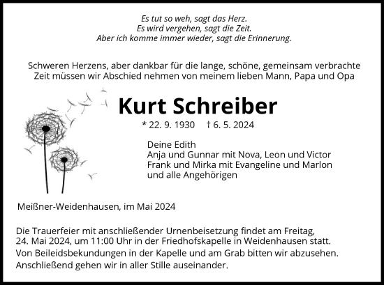 Traueranzeige von Kurt Schreiber von WRS