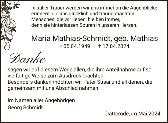 Traueranzeige von Maria Mathias-Schmidt von WRS