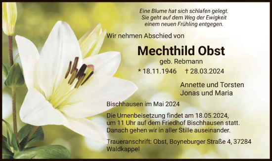 Traueranzeige von Mechthild Obst von WRS