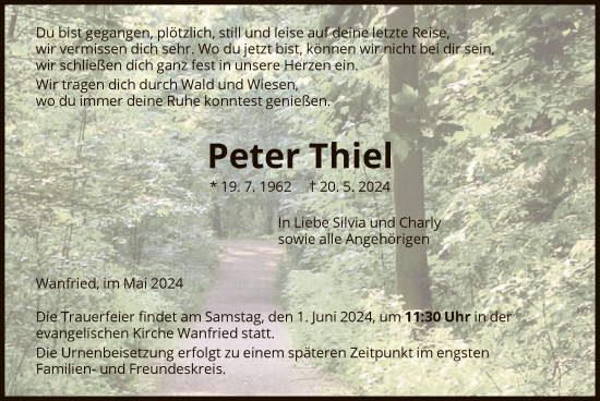 Traueranzeige von Peter Thiel von WRS