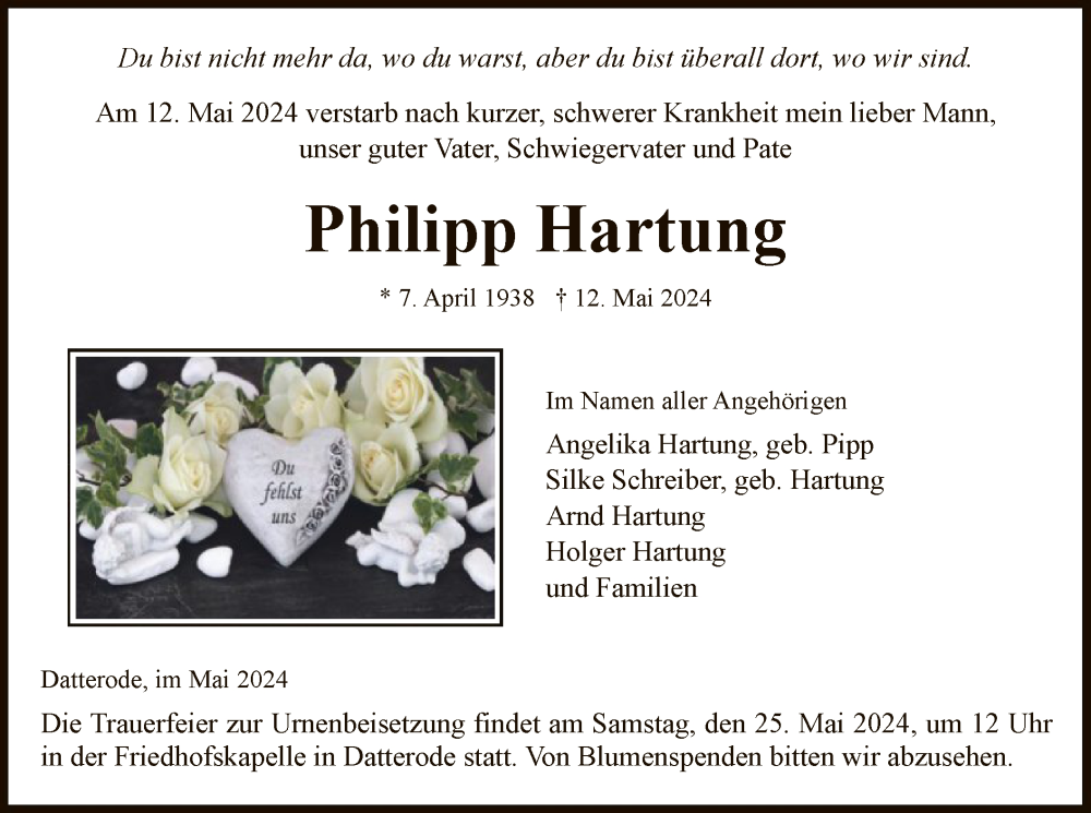  Traueranzeige für Philipp Hartung vom 22.05.2024 aus WRS