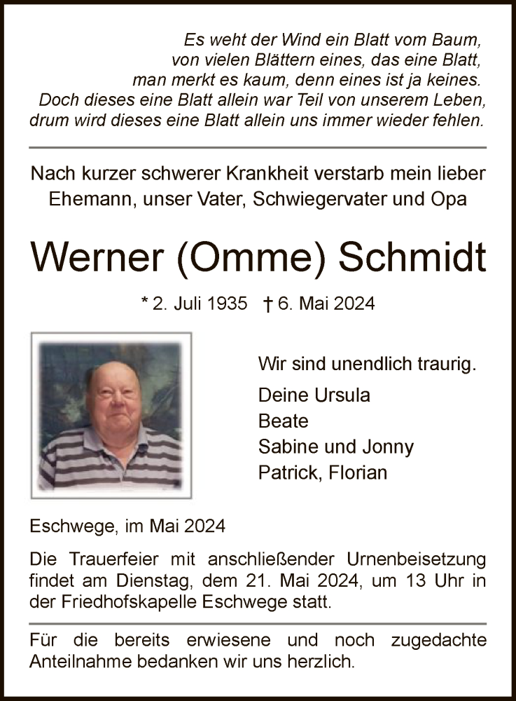  Traueranzeige für Werner Schmidt vom 15.05.2024 aus WRS