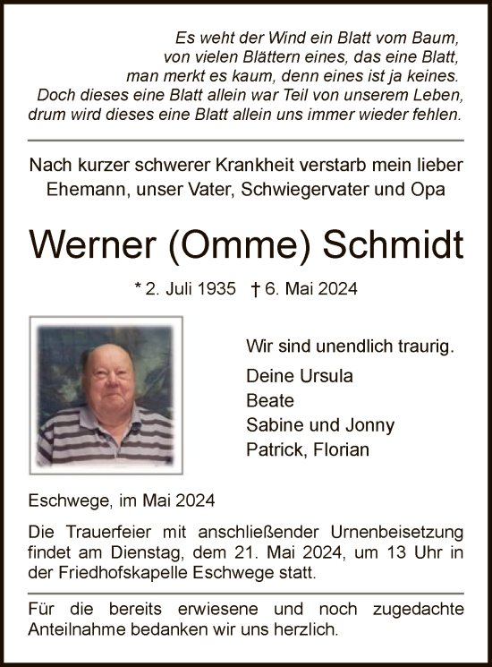 Traueranzeige von Werner Schmidt von WRS