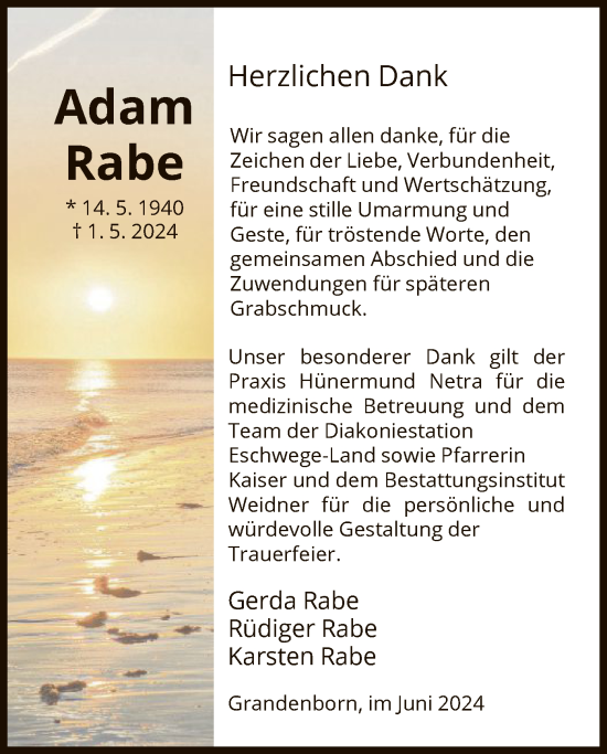 Traueranzeige von Adam Rabe von WRS