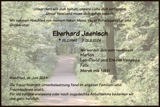 Traueranzeige von Eberhard Jaenisch von WRS