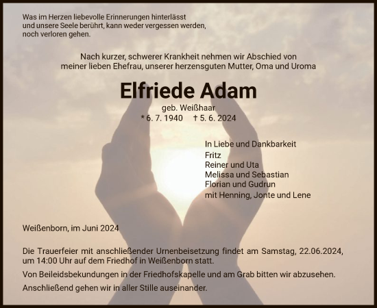 Traueranzeige von Elfriede Adam von WRS