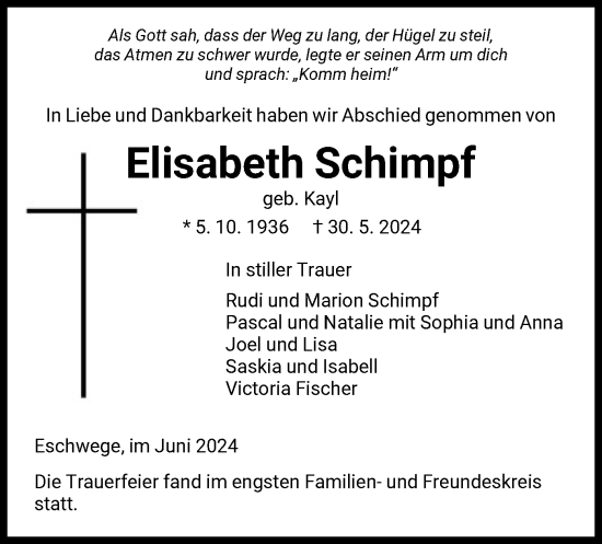 Traueranzeige von Elisabeth Schimpf von WRS