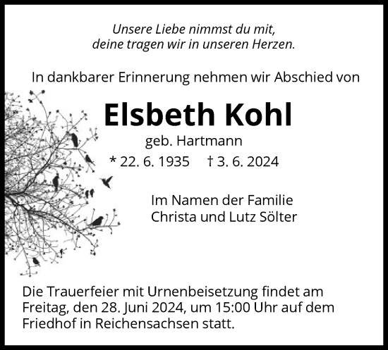 Traueranzeige von Elsbeth Kohl von WRS