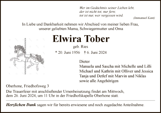 Traueranzeige von Elwira Tober von WRS