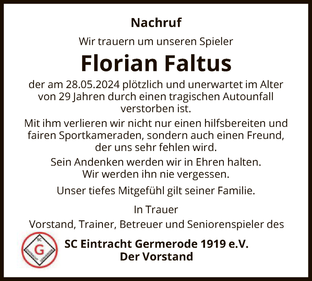  Traueranzeige für Florian Faltus vom 19.06.2024 aus WRS