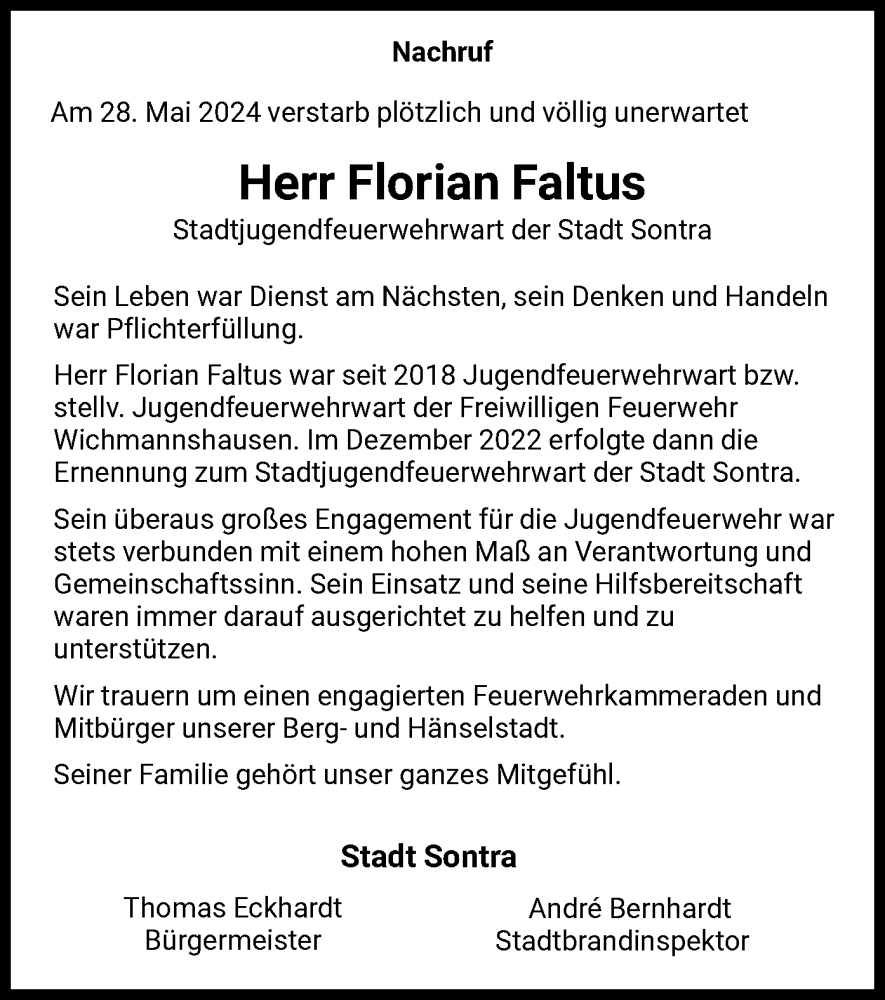  Traueranzeige für Florian Faltus vom 15.06.2024 aus WRS