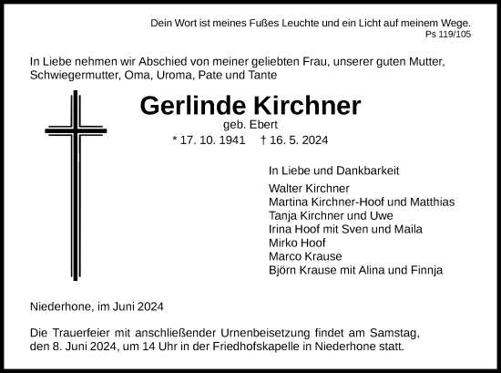 Traueranzeige von Gerlinde Kirchner von WRS