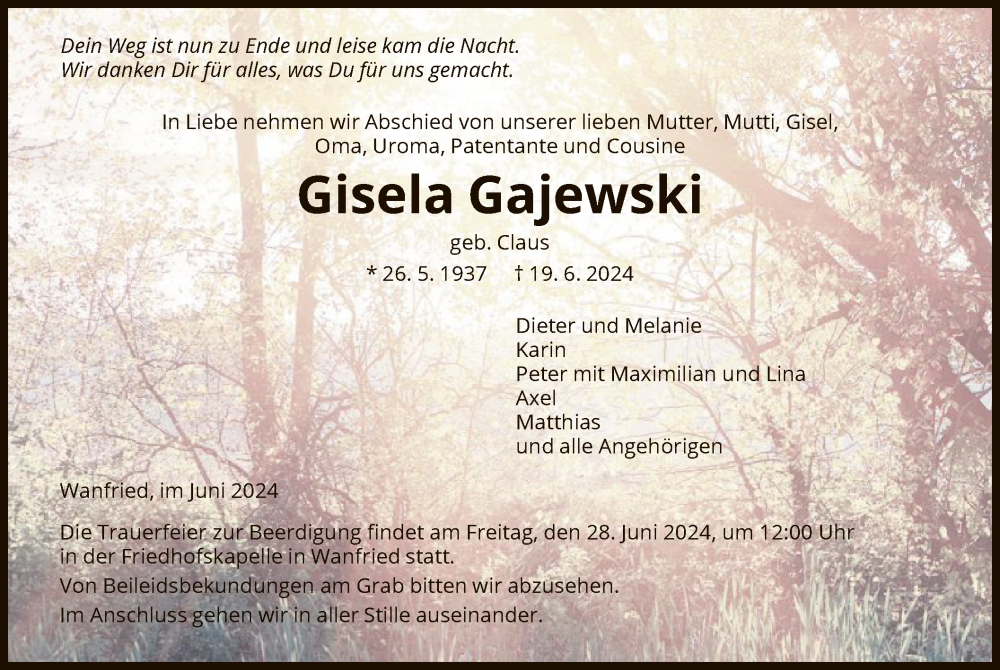  Traueranzeige für Gisela Gajewski vom 25.06.2024 aus WRS