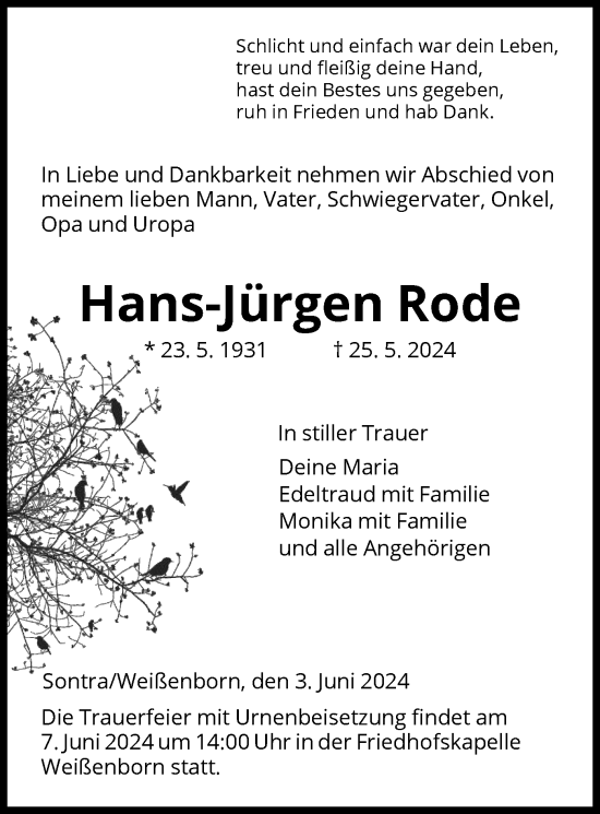 Traueranzeige von Hans-Jürgen Rode von WRS