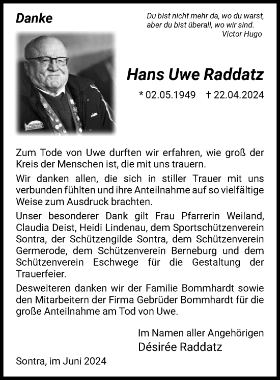 Traueranzeige von Hans Uwe Raddatz von WRS