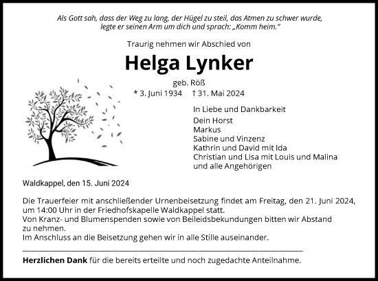 Traueranzeige von Helga Lynker von WRS