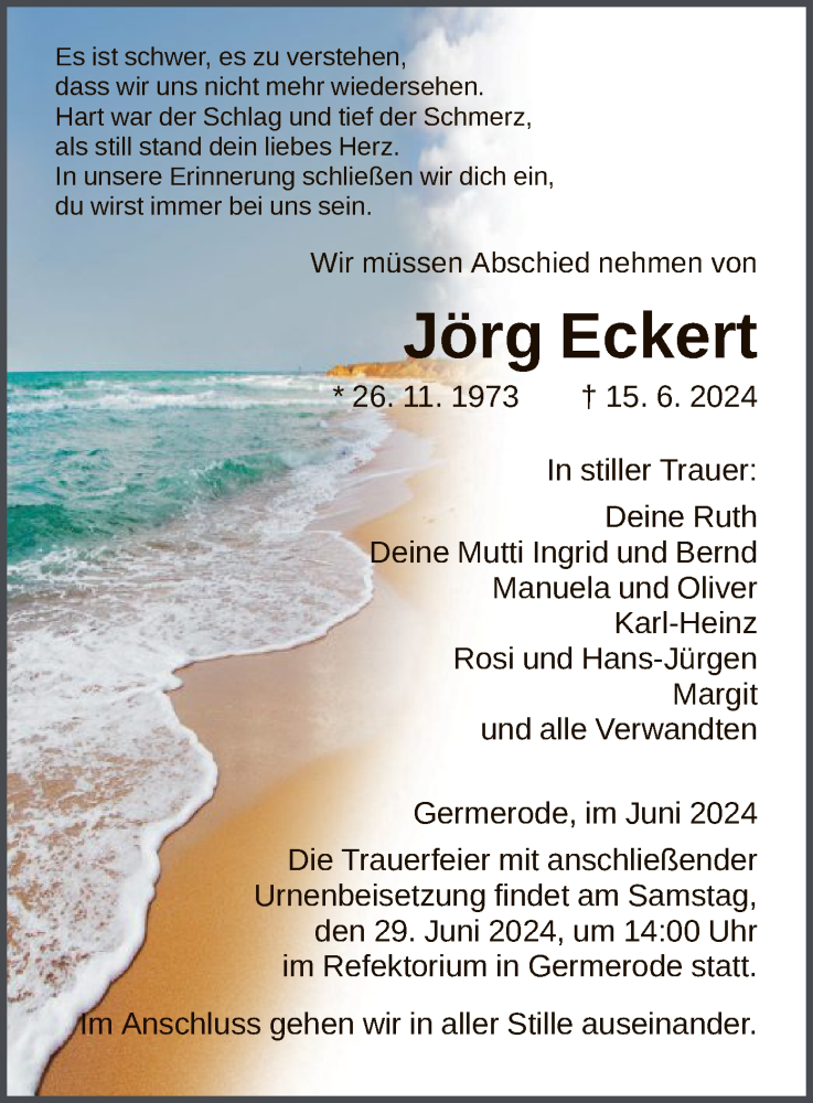  Traueranzeige für Jörg Eckert vom 22.06.2024 aus WRS