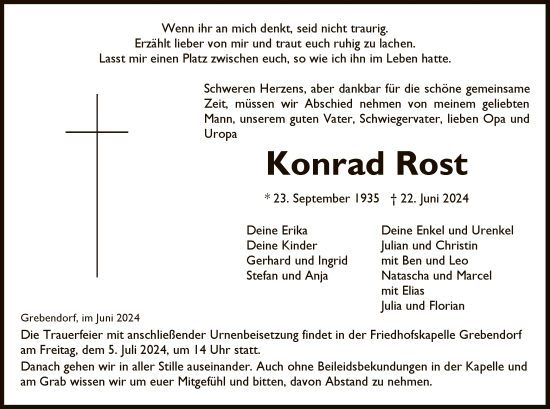 Traueranzeige von Konrad Rost von WRS