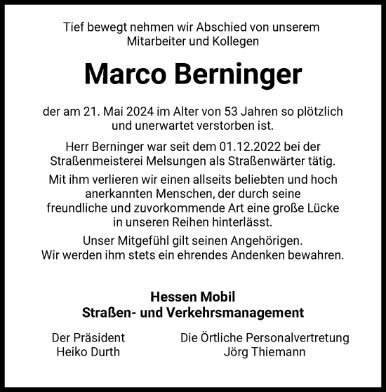 Traueranzeige von Marco Berninger von HNA