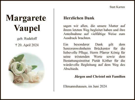 Traueranzeige von Margarete Vaupel von WRS