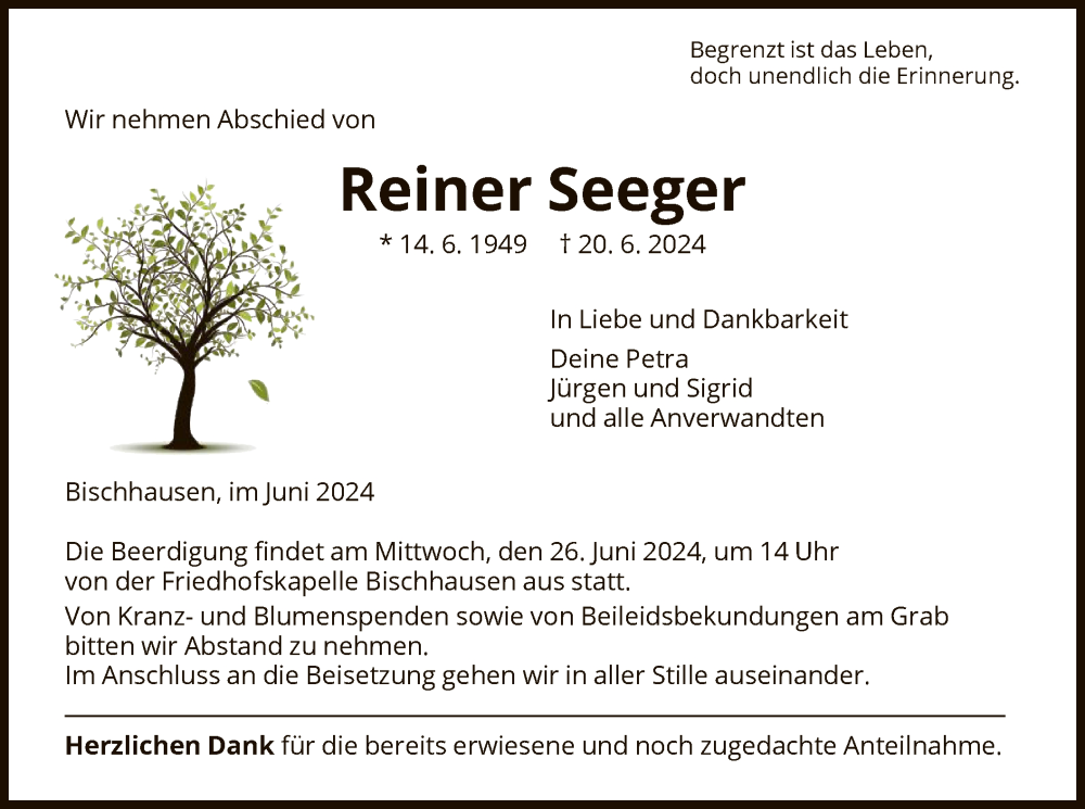  Traueranzeige für Reiner Seeger vom 25.06.2024 aus WRS