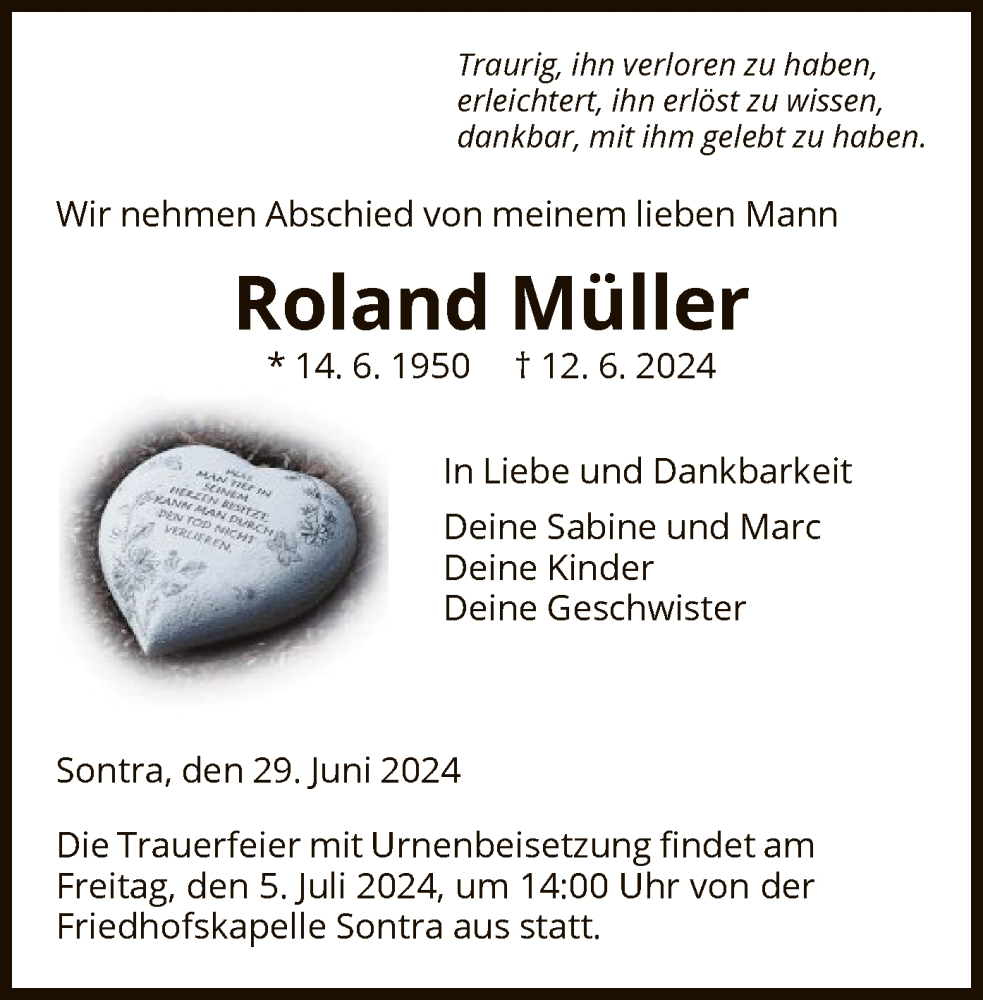  Traueranzeige für Roland Müller vom 29.06.2024 aus WRS