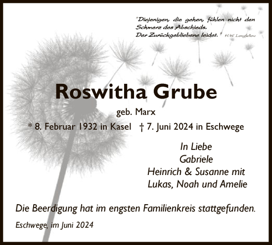 Traueranzeige von Roswitha Grube von WRS