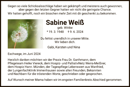 Traueranzeige von Sabine Weiß von WRS