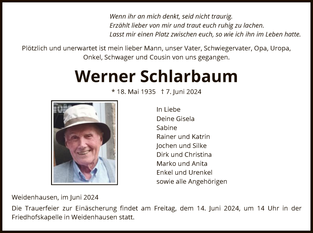  Traueranzeige für Werner Schlarbaum vom 12.06.2024 aus WRS