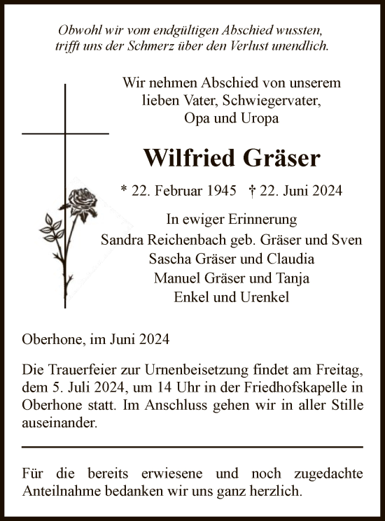 Traueranzeige von Wilfried Gräser von WRS