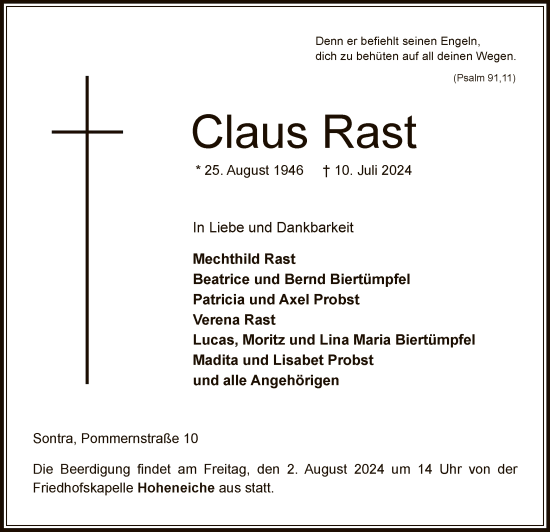 Traueranzeige von Claus Rast von WRSHNA