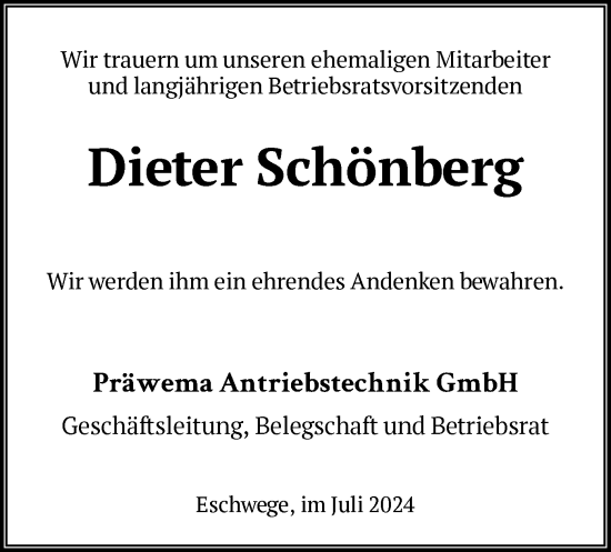 Traueranzeige von Dieter Schönberg von WRS