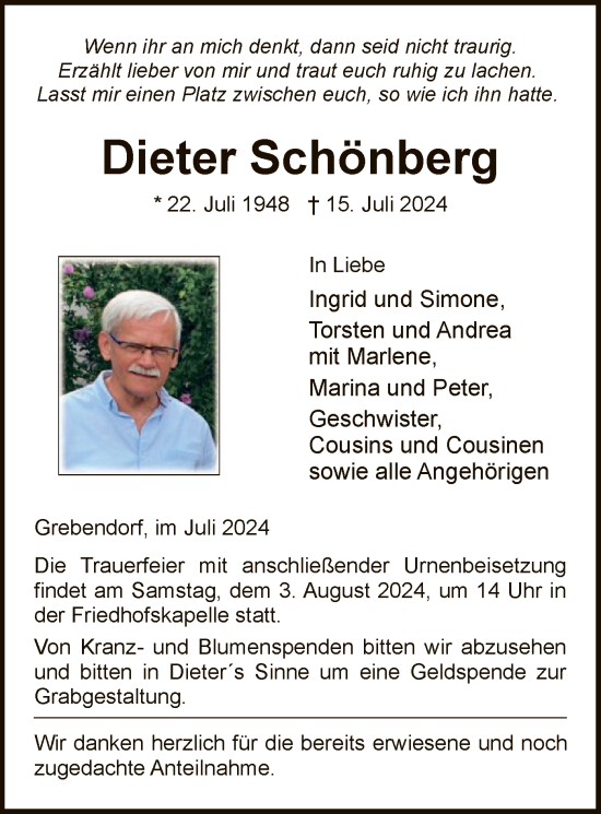 Traueranzeige von Dieter Schönberg von WRS