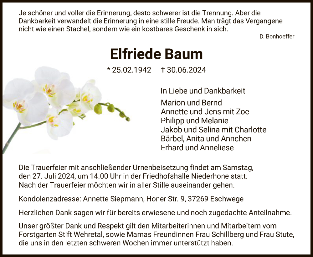  Traueranzeige für Elfriede Baum vom 20.07.2024 aus WRS