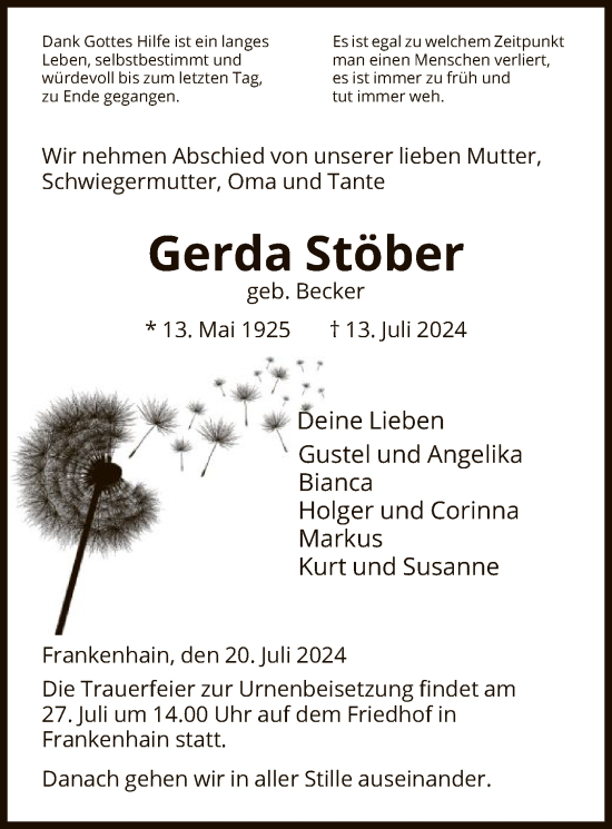 Traueranzeige von Gerda Stöber von WRS